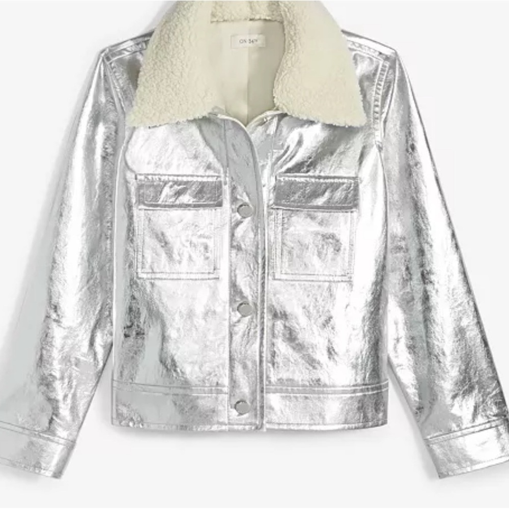 On 34th Women's Solid Metallic Faux-Leather Jacket with Faux-Sherpa Collar Sz XL